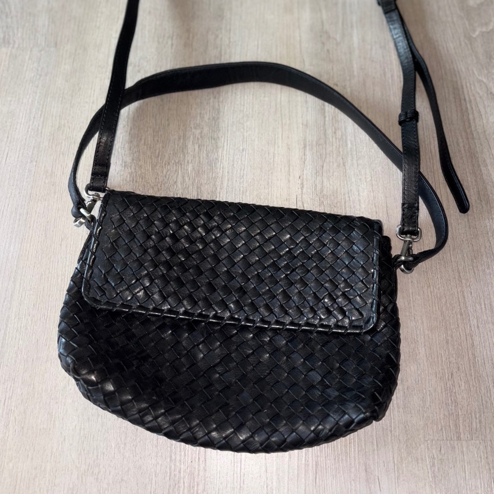 Woven Leather Flap Shoulder & Crossbody Bag in Black